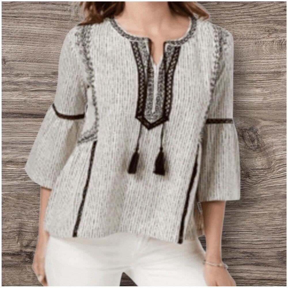Style & Co. Embroidered Boho Blouse 2X Striped Peasant Top Cotton Blend Shirt